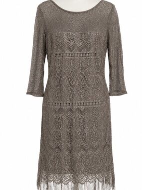 S.L. Fashions Taupe Crochet Lace Dress 10 - Mother of the Bride Fringe Midi 3/4